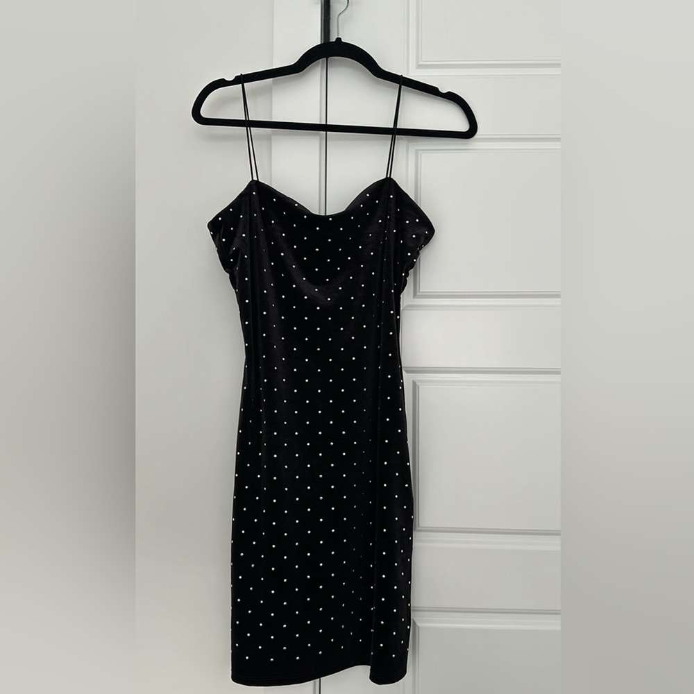 NWT. Black suede & rhinestone mini dress